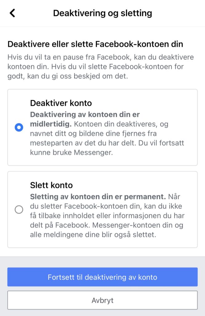 illustrasjon av deaktivering av konto i Facebook applikasjon