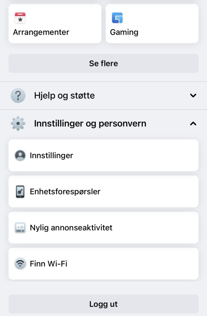 illustrasjon av valg for innstillinger og personvern i Facebook applikasjon