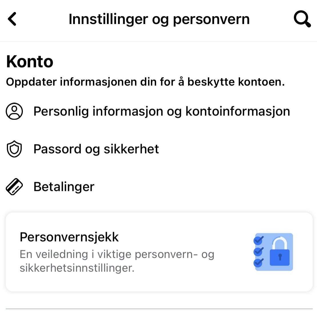 illustrasjon av valg under innstillinger og personvern i Facebook applikasjon